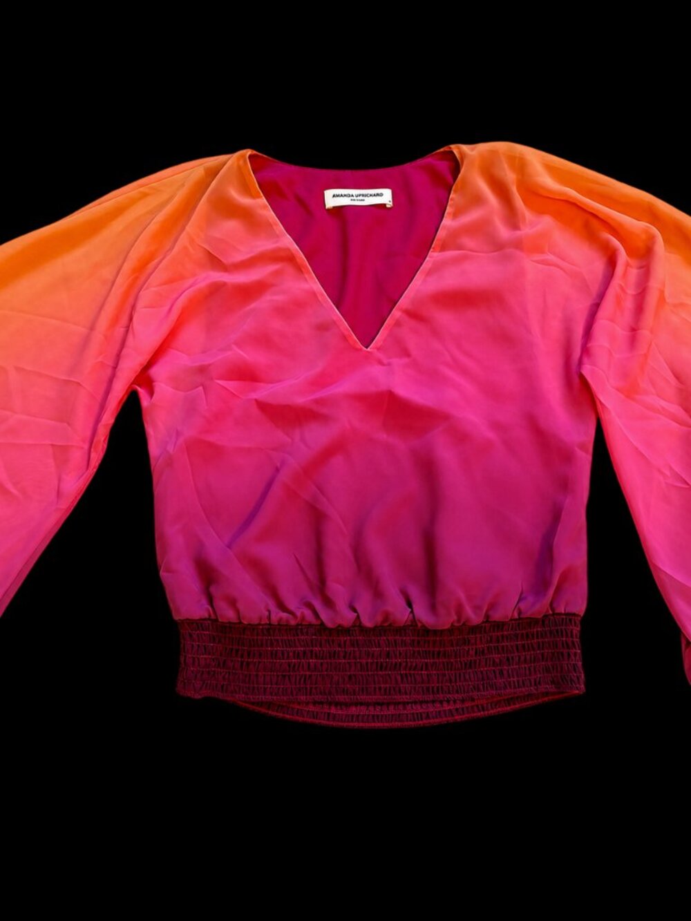 Amanda Uprichard Ombre Chiffon Top Bell Sleeve Smocked Waist Orange Pink XS